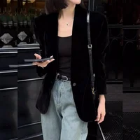 Autumn New Black Velvet Women's Blazer Fashion Long Sleeve Single Button Casual Loose Temperament Suit Top Female Outerwear 1