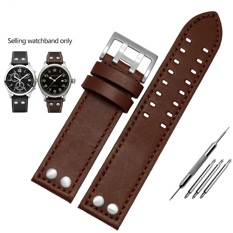 thumbnail image 1 of Correa de reloj de cuero genuino para Hamilton Khaki Aviation Field Series, correa de reloj para hombre, correa con remaches, marrón, 20 mm, 22 mm, 1 of 5