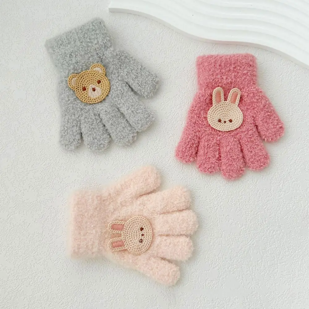 Cute Baby Gloves Cartoon Full Fingers Mittens Warm Gloves Autumn Solid Color Fluffy Knitted Mittens Thicken Bow Outdoor Gloves 2
