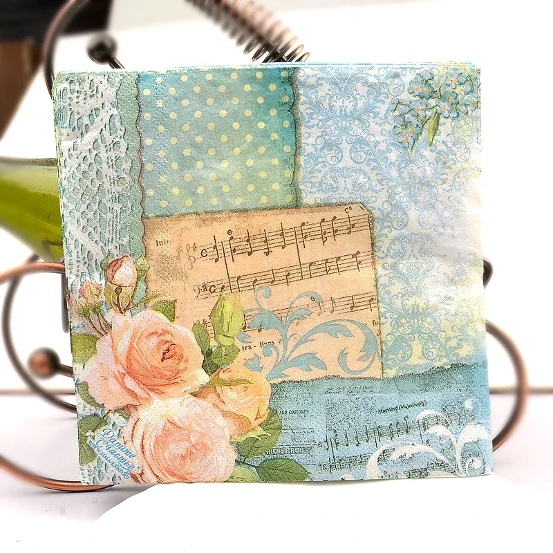Printed Napkin Blue Green Wedding Paper Restaurant Banquet Placemat Paper Rose Violin Placemats Food Grade 20pcs/pac 33cm