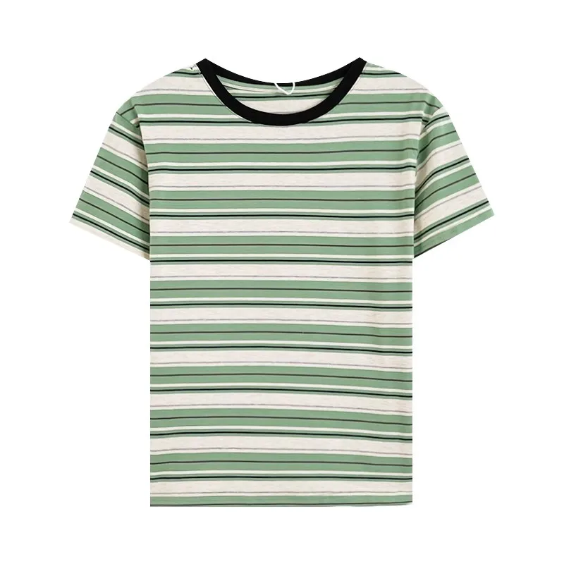 

Japanese Vintage Contrast Stripe Loose Slim Summer Comfort Simple O-neck T-shirt