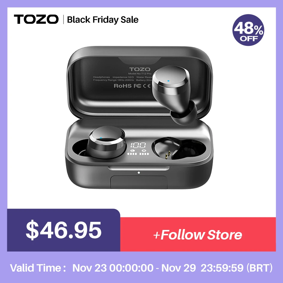 TOZO T12 Pro Bluetooth Earphone ,Wireless Earbuds With 4 Mic, CVC