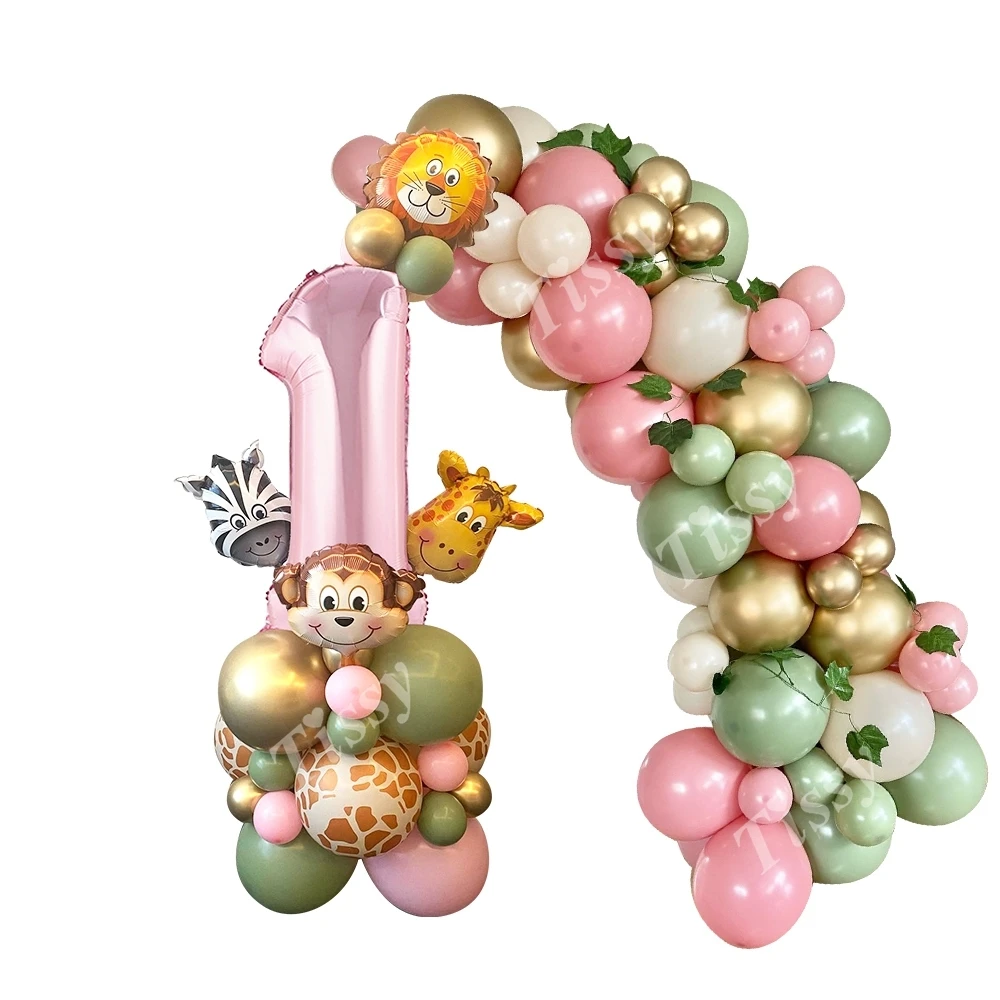 

1set Carton Animal Balloon Tower with Pink Number Balloon for Girl's Wild One Themed Jungle Safari Birthday Party Decorations