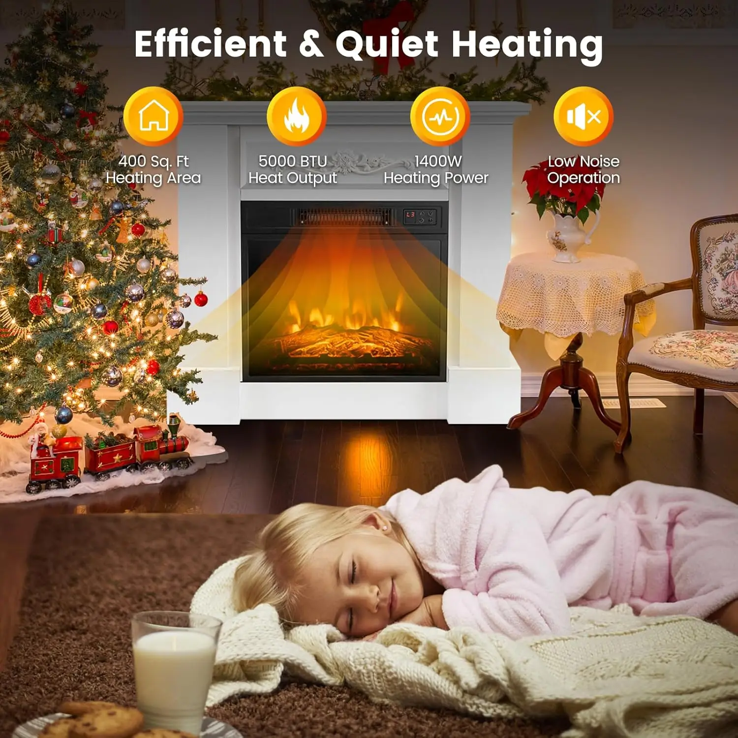 Electric Fireplace with Mantel 1400W Freestanding Mantel Fireplace Heater with Remote Control 3 Flame Brightness Thermostat