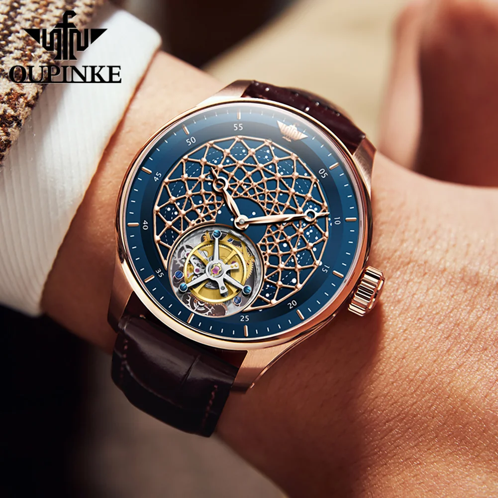 OUPINKE 8002 Tourbillon Watches For Men High-end Luxury Mechanical Wristwatch Man Original Brand Skeleton Flywheel Men's Watches