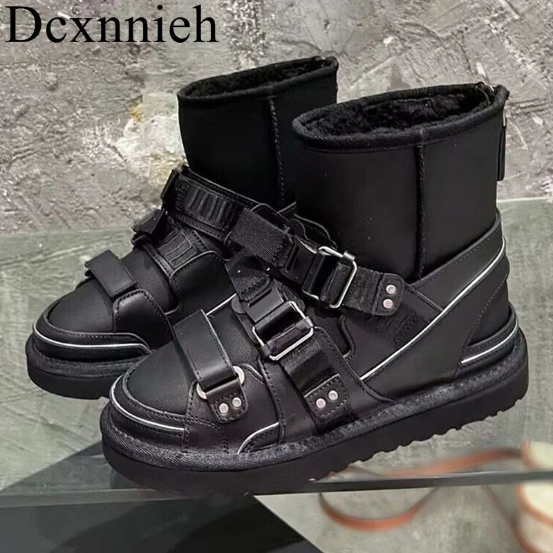 

Belt Buckle Decor Snow Boots And Slippers Two-in-one Women's Genuine Leather Splicing Ankle Boots Winter Wool Lining Short Botas