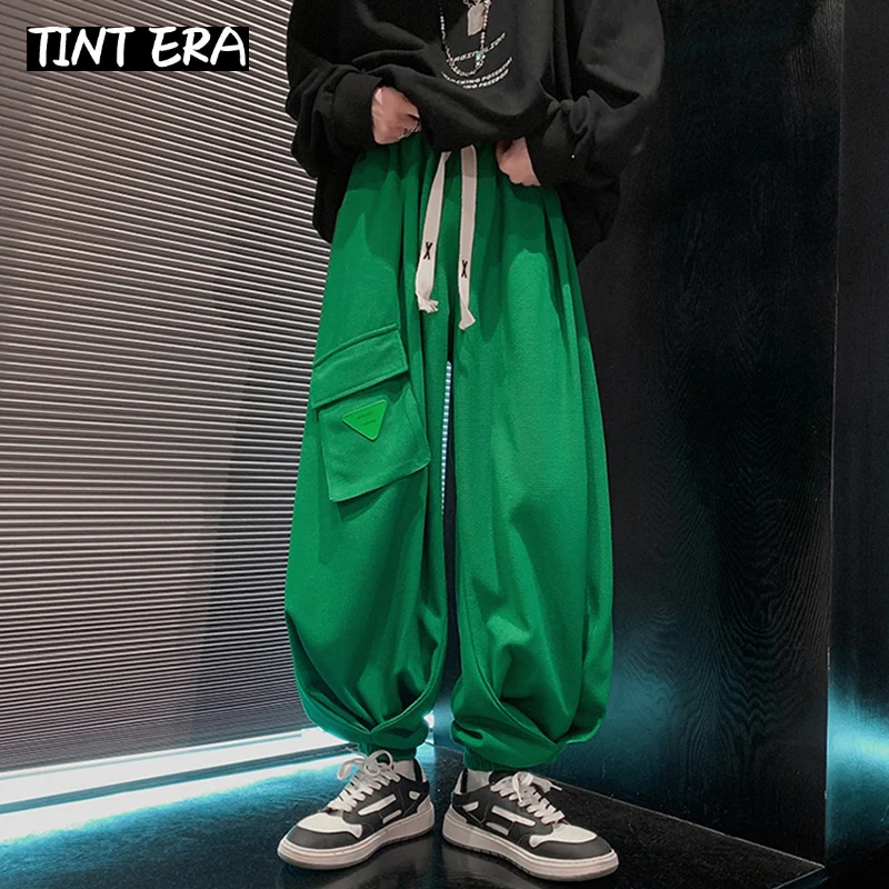 

TINT ERA Green Waffle Lantern Jogger Pants Men Y2K Black Cargo Trousers Male Loose Casual Sweatpants Streetwear Hip Hop Pockets