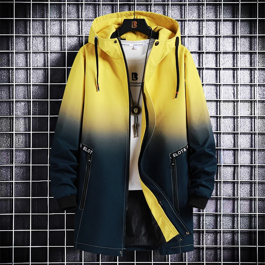 Long Cargo Jacket Men Plus Size 10XL Jackets Gradient Windbreak Spring Autumn Hooded Coat Male Black Windbreak Long Style 4