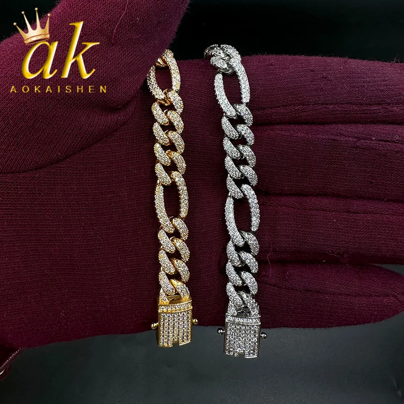 Aokaishen Iced Out Figaro Bracelet Prong Setting Real Gold Plated Hip Hop Jewelry