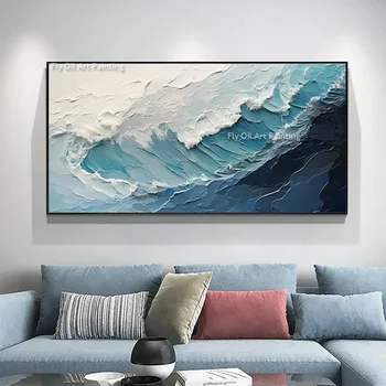 Grande bianco blu seawave coltello pittura a olio spessa fatta a mano beige spiaggia tela pittura moderna arte della parete opere d'arte del mare per la decorazione 1