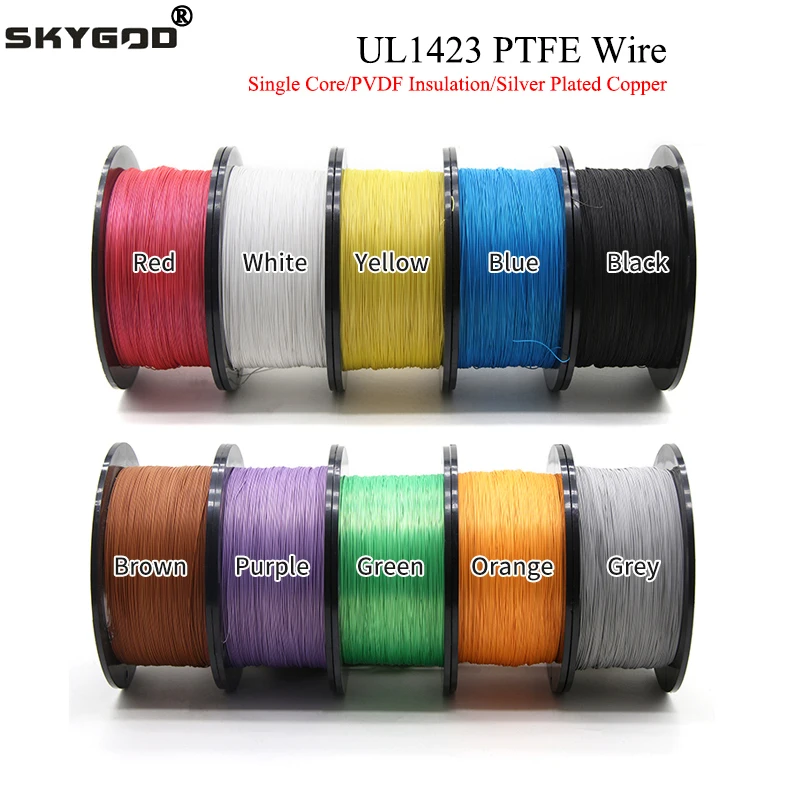 PTFE 와이어 실버 도금 단일 코어 케이블 (스크롤 없음), 고온 미세 구리 와이어, DIY 전자 케이블, UL1423, 5  50m