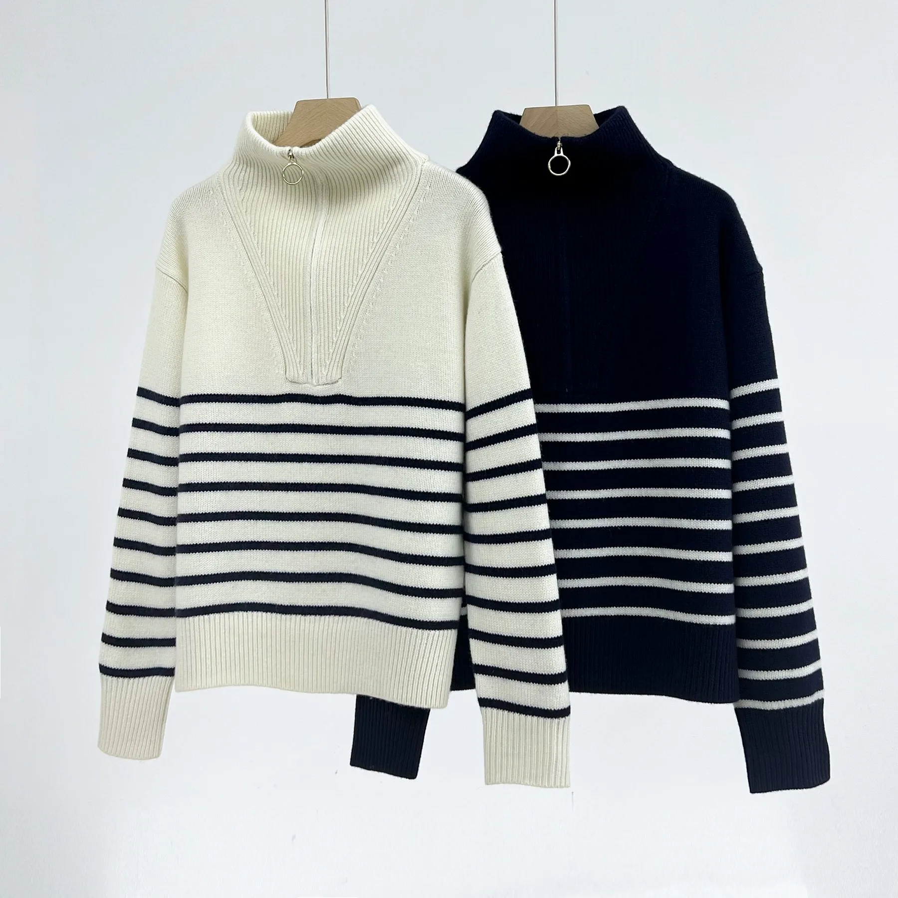 Lapel Zipper Striped Pullover Sweater main image 0