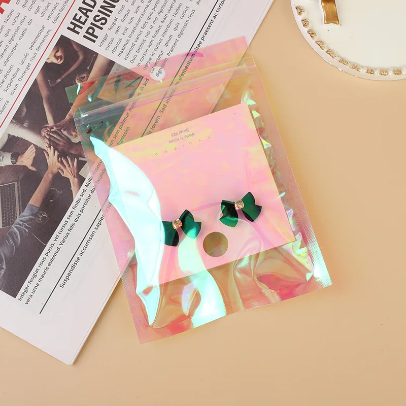 20–50 Stück Versiegelungs-Opp-Beutel, holografisch, rosa Aluminiumfolienbeutel, wiederverschließbarer Druckverschlussbeutel für Schmuck, Einzelhandel, zum Aufhängen von Display-Verpackungen