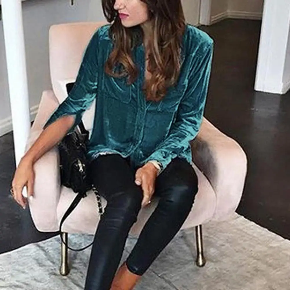 

Lapel Long Sleeves Top Patch Pockets Women Shirt Single-breasted Placket Solid Color Lady Velvet Shirt Blouse Streetwear 블라우스