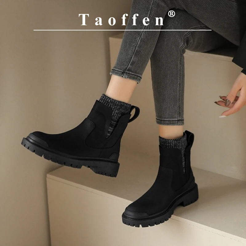 

Taoffen Casual Chelsea Boots For Women Genuine Leather Ankle Boots Round Toe Block Heel Non-slip Elastic Band Office Lady Shoes