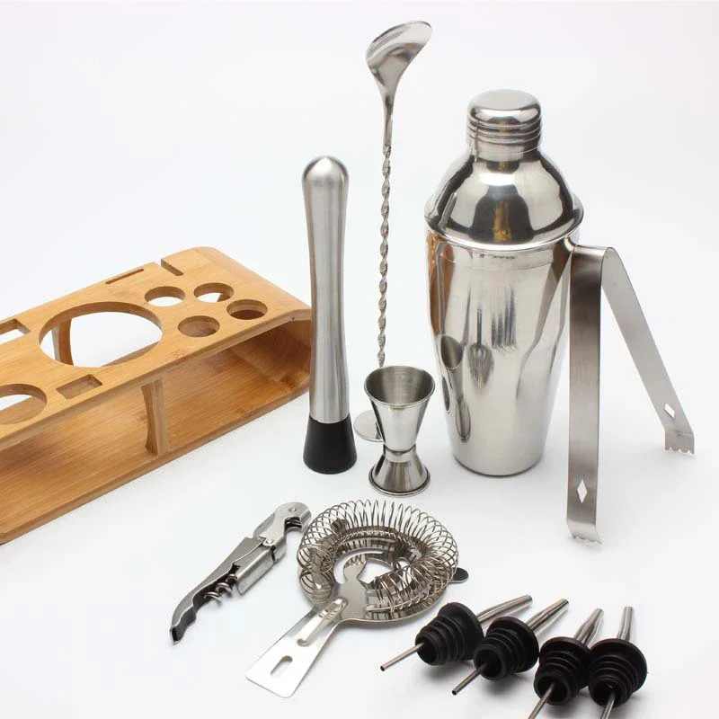 Cocktail Shaker 750ml/600ml Stainless Steel Bar Set With Wooden Rack