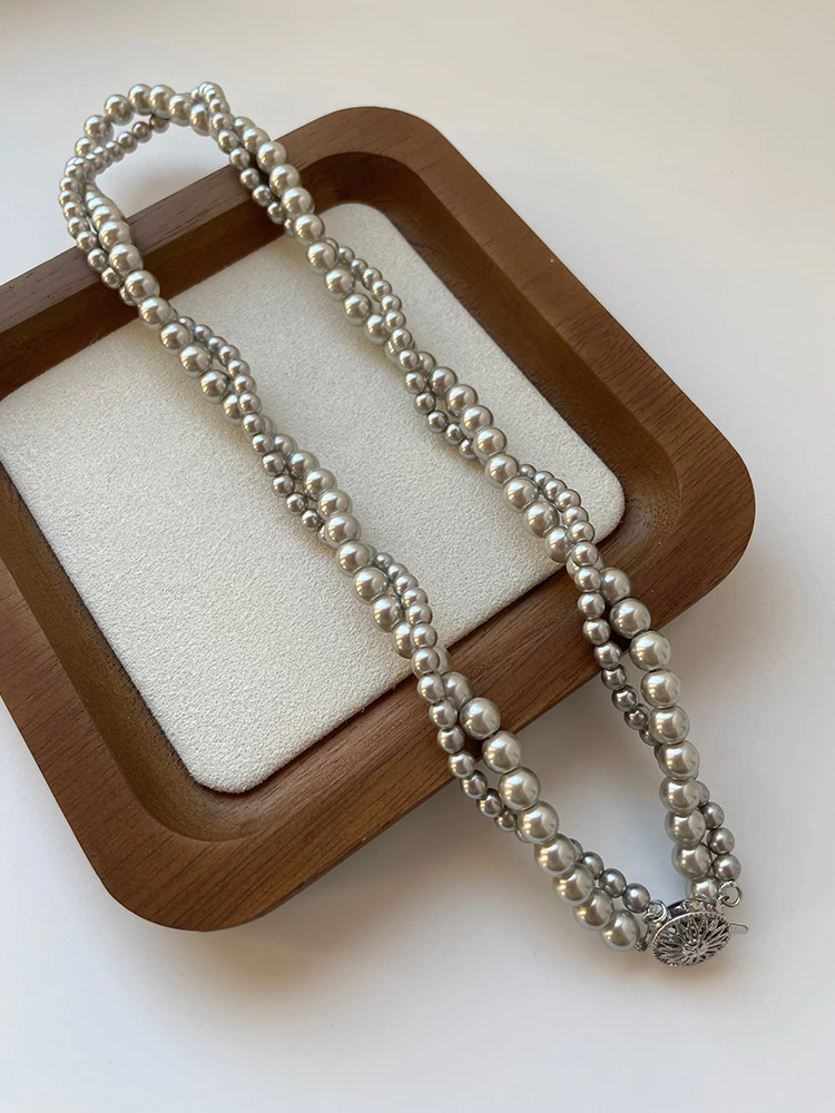 French elegant gentle double-layer winding pearl necklace round pendant sweater chain