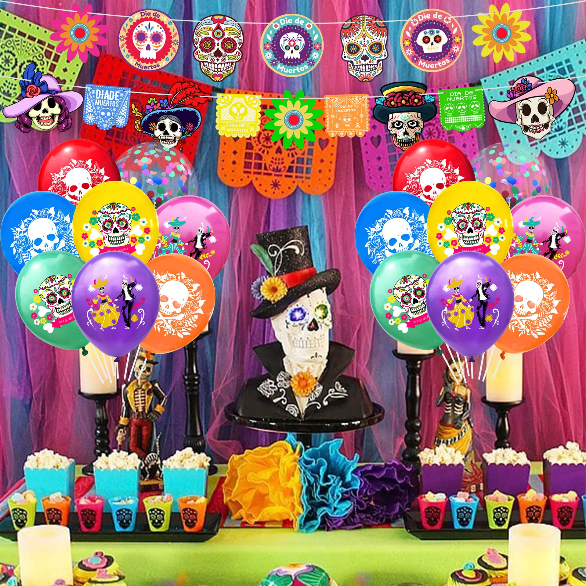 

Day of The Dead Mexican Fiesta Party Decorations Pull Flag Banner Balloons Day of The Dead Skull Themed Halloween Party Supplies