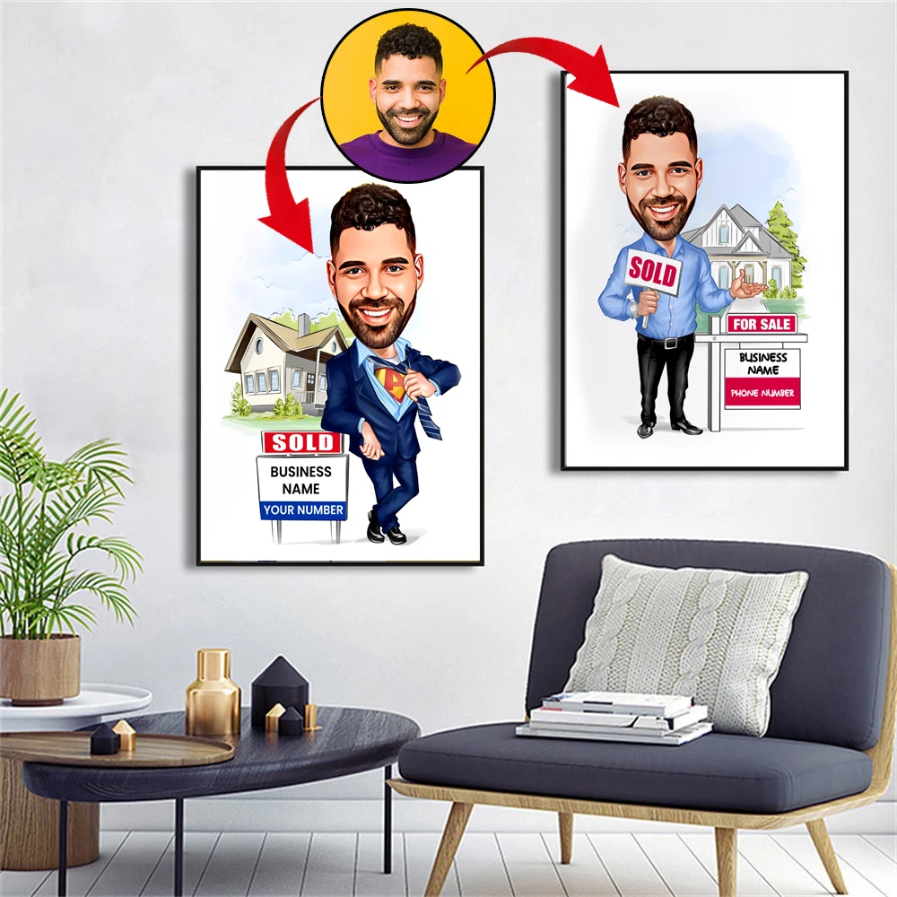 

Custom Realtor Cartoon Portrait Poster Personalized Realtor Caricature Print Drawing Funny Realtor Print Gift for Realtor