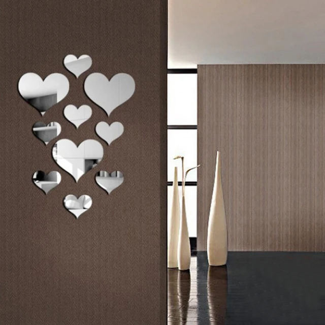 10 pièces/ensemble Durable amour coeur autocollants autocollant Mural miroir Mural 3D décalcomanie Simple bricolage décoratif amovible Paster décoration de la maison 2