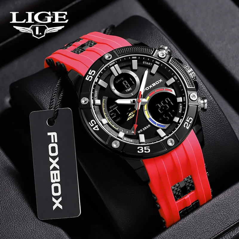 LIGE Fashion Trend Mens Wristwatch Casual LCD Display Analog Digital Silica Gel Strap Watch for Man Quartz Male Clock Waterproof