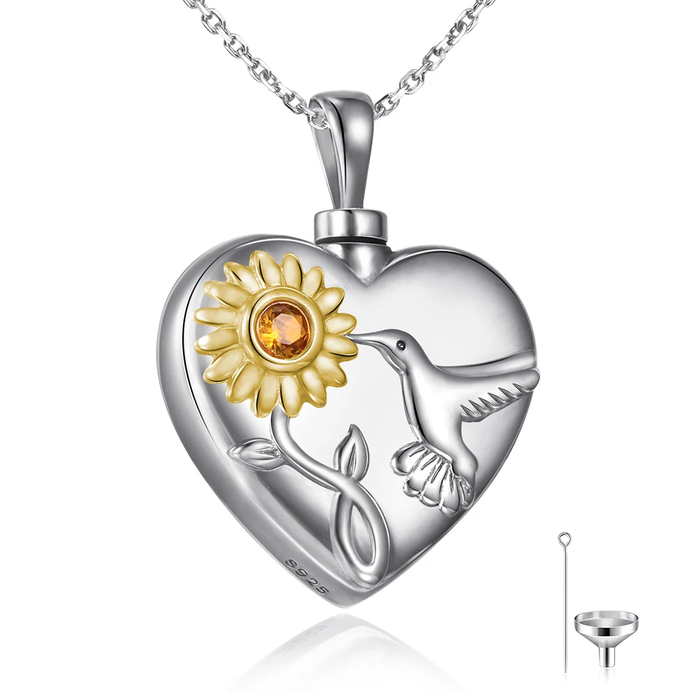 

925 Sterling Silver Cremation Sunflower Hummingbird Urn Necklaces,Heart Memory Pendant Jewelry Gift For Ashes Women Men Friend