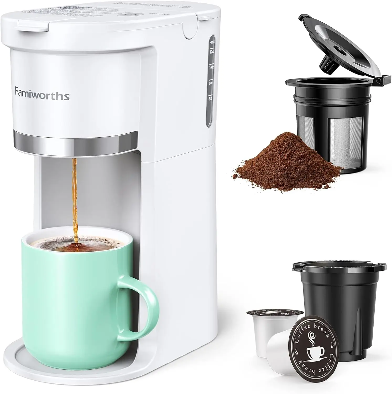 Mini Coffee Maker Single Serve, Instant One Cup for K Cup & Ground Coffee, 6 to 12 Oz Brew Sizes, Capsule Coffee Machine, White