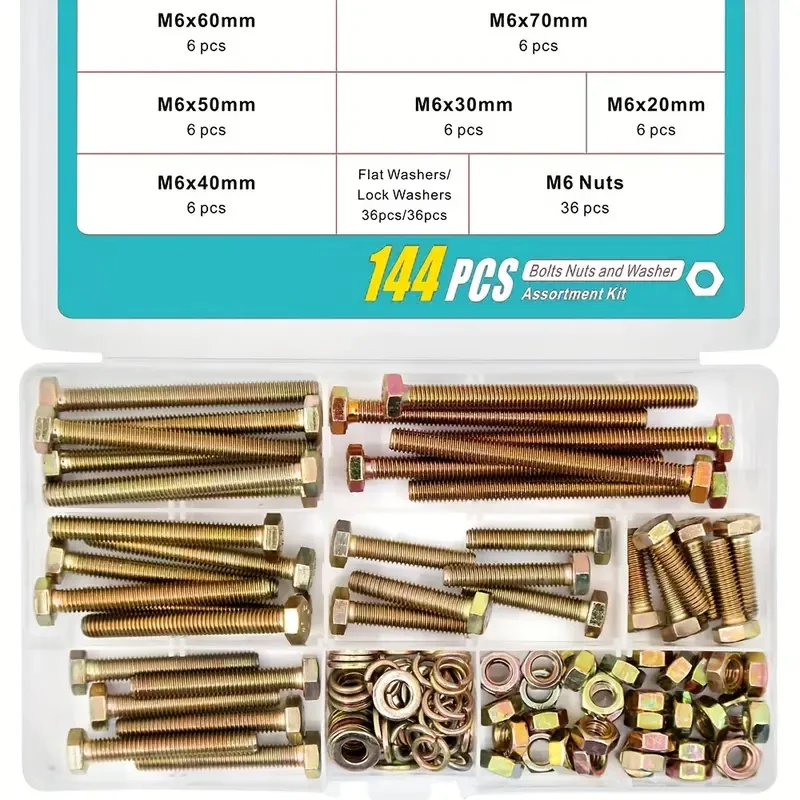 144pcs M6 Hex Head Screw & Bolt Set with Nuts, Flat Washers & Locking Washers-Grade 8.8 Alloy Steel
