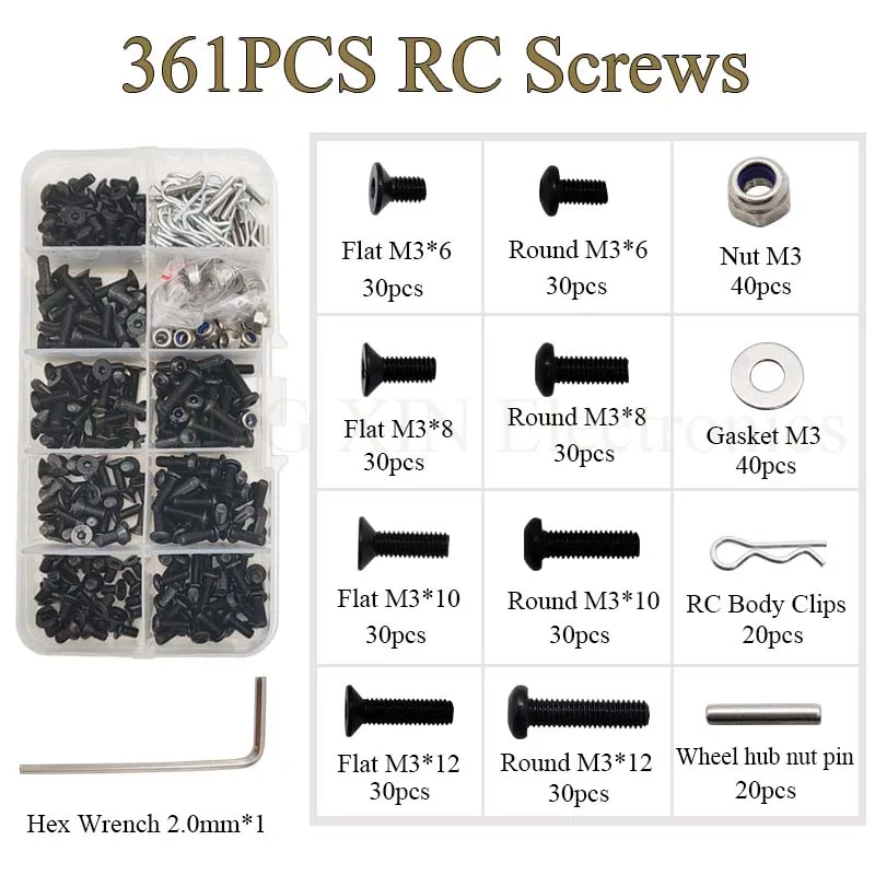 

Набор винтов для радиоуправляемых моделей, 361 шт., набор инструментов Reapir, крепежные элементы из углеродистой стали класса 12, 9, винты с плоской и круглой головкой M3