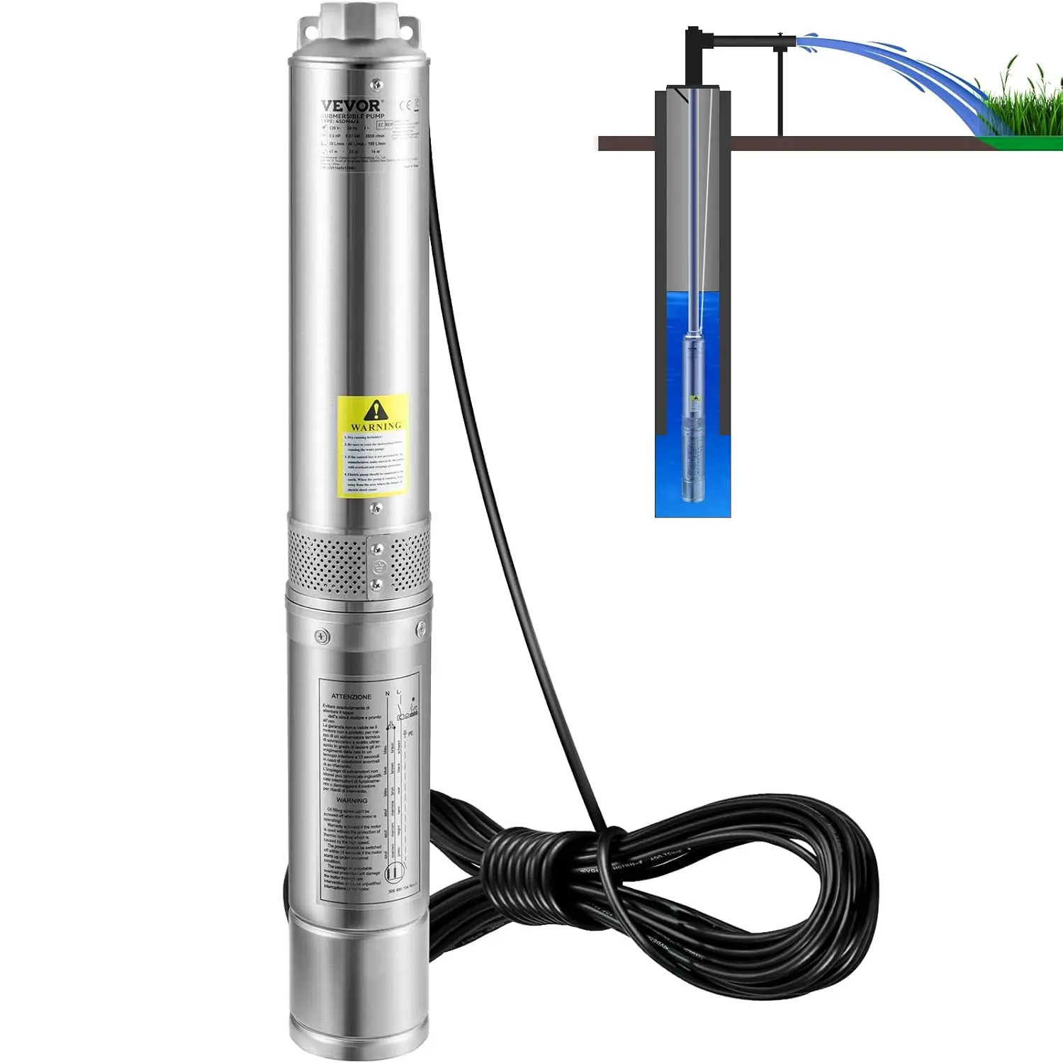 Deep Well Submersible Pump, 1HP 230V/60Hz, 37gpm Flow 207ft Head, with 33ft Electric Cord, 4" Stainless Steel Water Pump