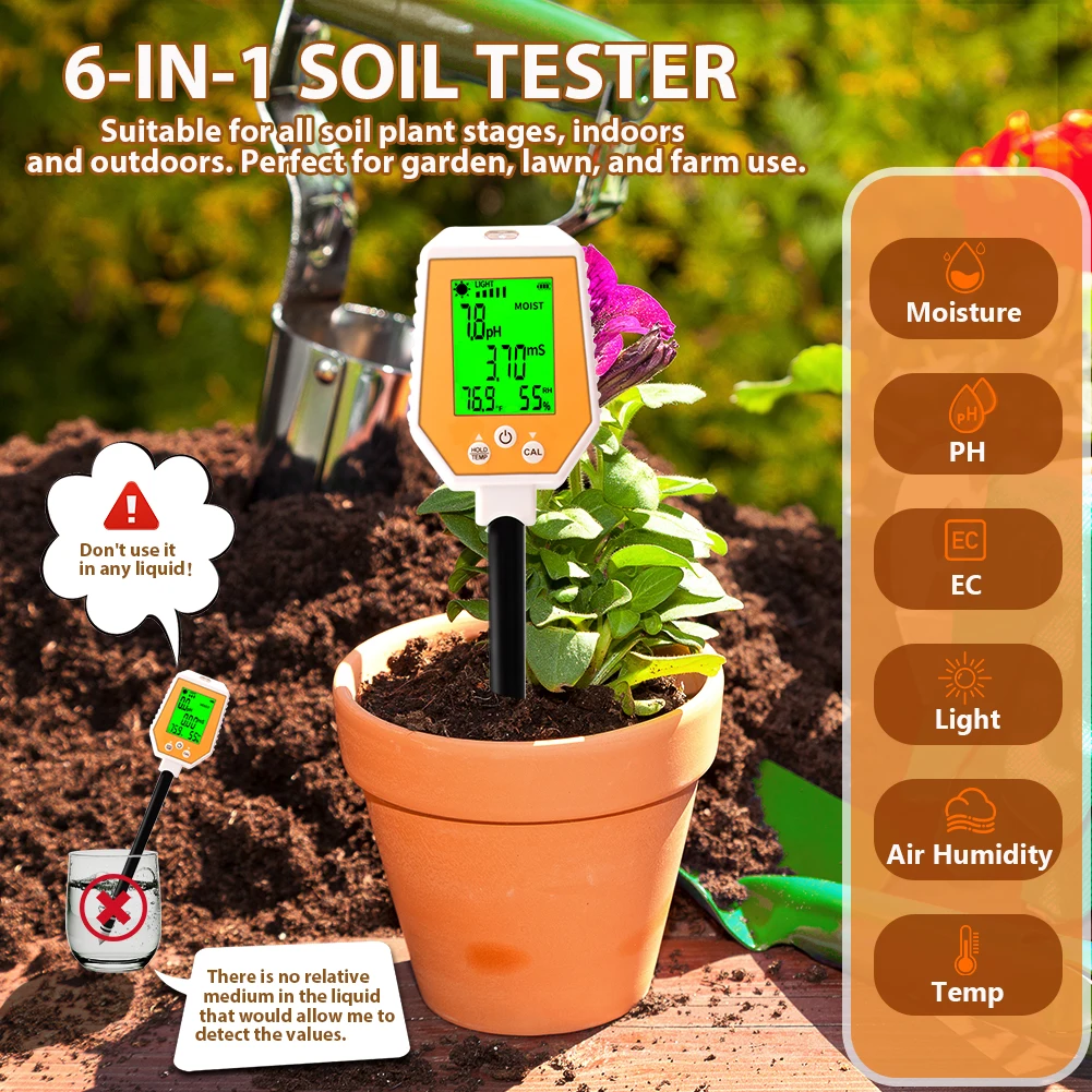 Soil Meter Digital pH Moisture Fertility Light Temp Humidity Analyzer for Garden