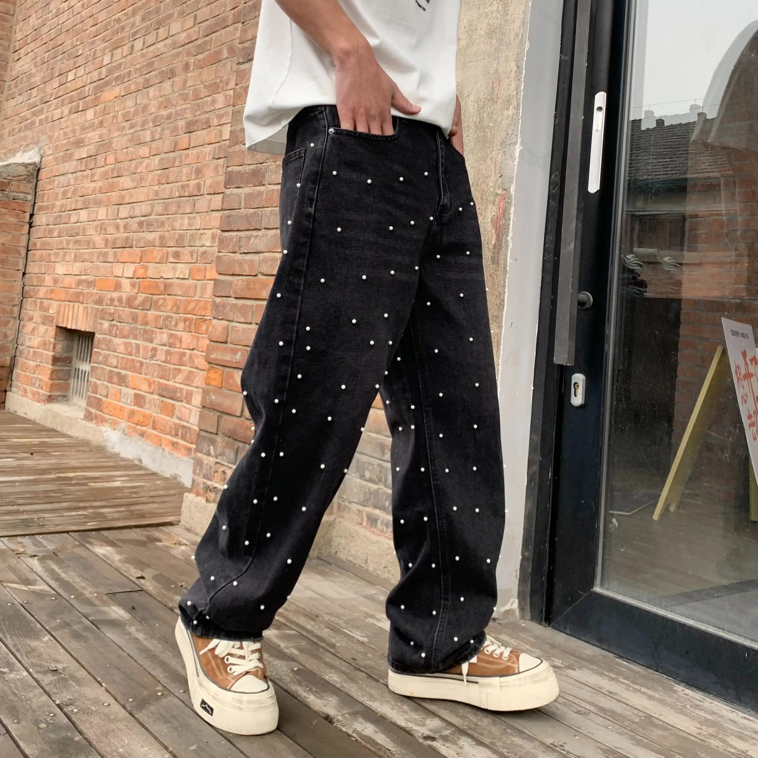 Pearls Black Wide Jeans Men Street Wear Mid Rise Heavy Weight Pants Man New Y2k Trousers 3