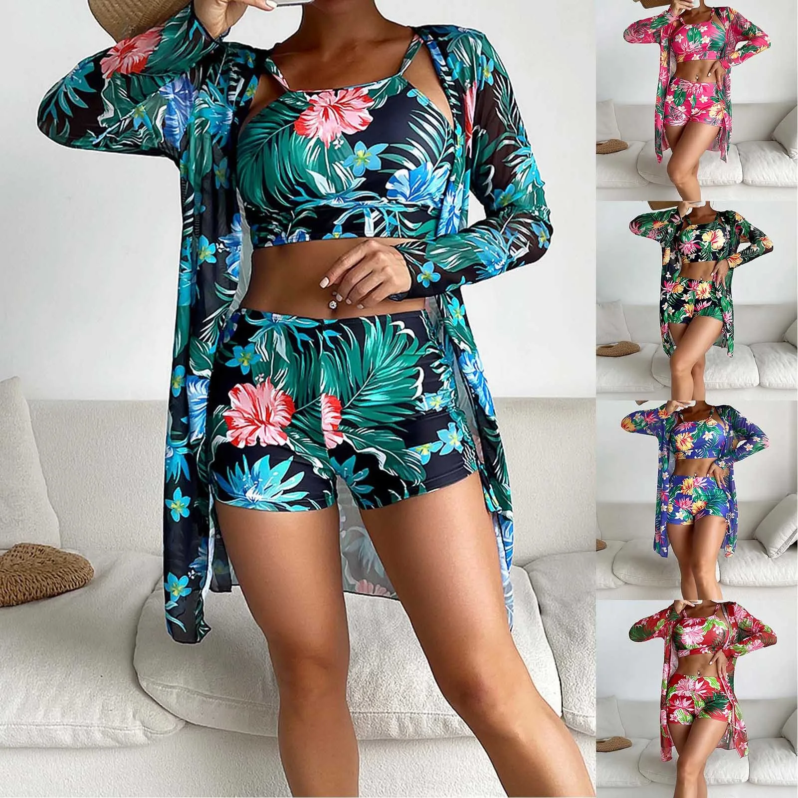 

Бикини с высокой талией 2024, сексуальный комплект бикини из 3 предметов, закрывающий Купальник для женщин, с длинным рукавом и эффектом пуш-ап, женские шорты