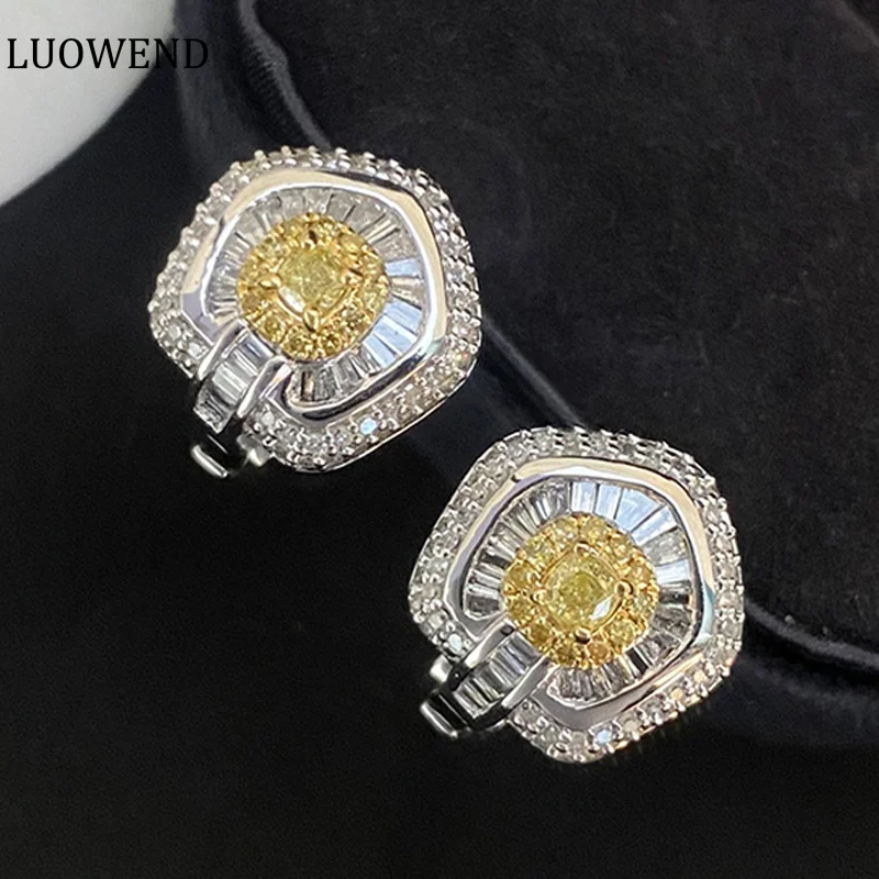 

LUOWEND 18K White Gold Earrings Luxury Pentagram Design Real Natural Yellow Diamonds 1.2carat Hoop Earrings for Women Party Fine