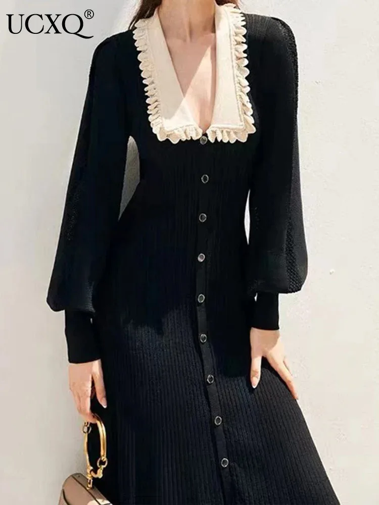 

UCXQ Vintage Doll Neck Spliced Single Breasted Dress Elegant Black Long Knitted A-line Dresses Women 2024 Spring Summer 23A8137