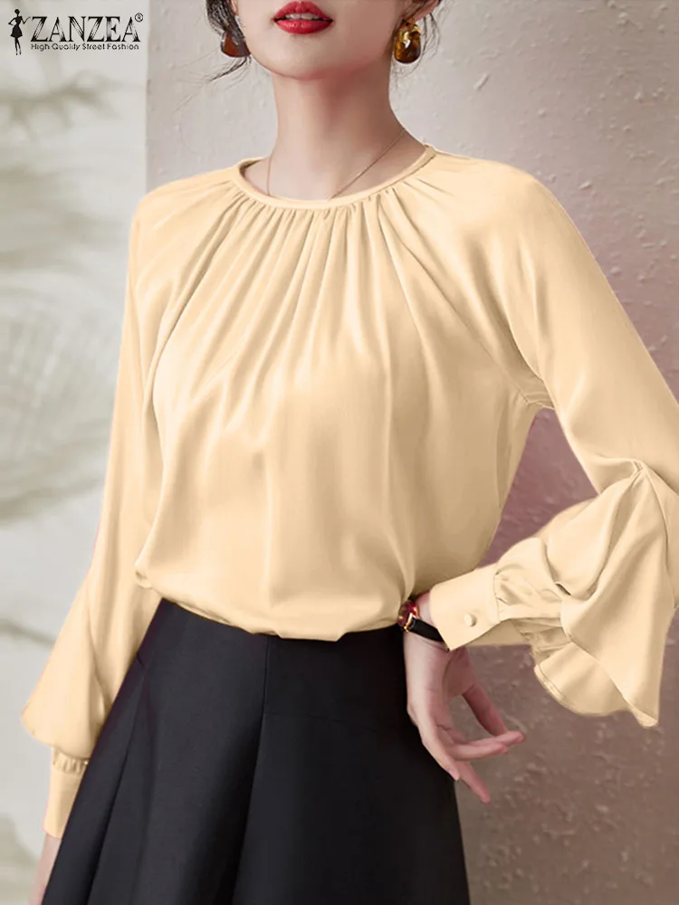 

Элегантные плиссированные офисные женские топы ZANZEA, женская однотонная блузка, осень 2023, рубашка с длинным рукавом с оборками, модные базовые блузы с круглым вырезом