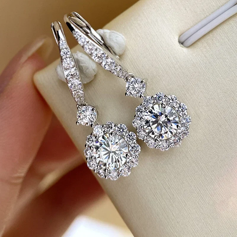 

Luxury Lady Moissanite Diamond Dangle Earring Real 925 Sterling Silver Jewelry Engagement Wedding Drop Earrings for Women Gift
