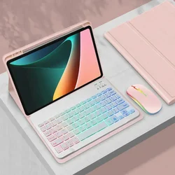Enhanced Backlit Bluetooth Keyboard Cover with Pen Slot for Arabic  English (Pink and Mouse)