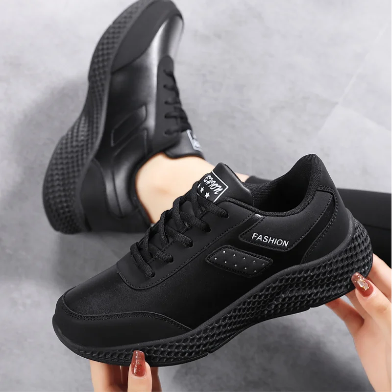 

Black Leather Sneakers for Women Sports Offers Platform Running Shoes Waterproof Outdoor Lightweight Girls Comfortable Athletic