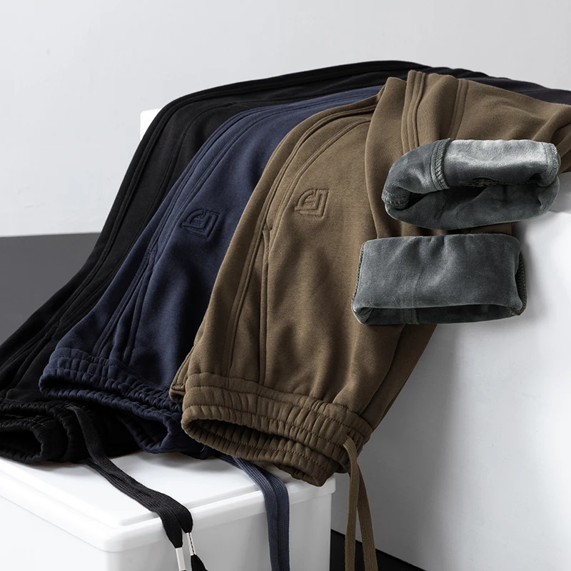 

Men's Loose Bound Feet Casual Brushed Sweatpants Thickened Warm Black Blue Camel Fleece Trousers Male Fashion Printed Pants