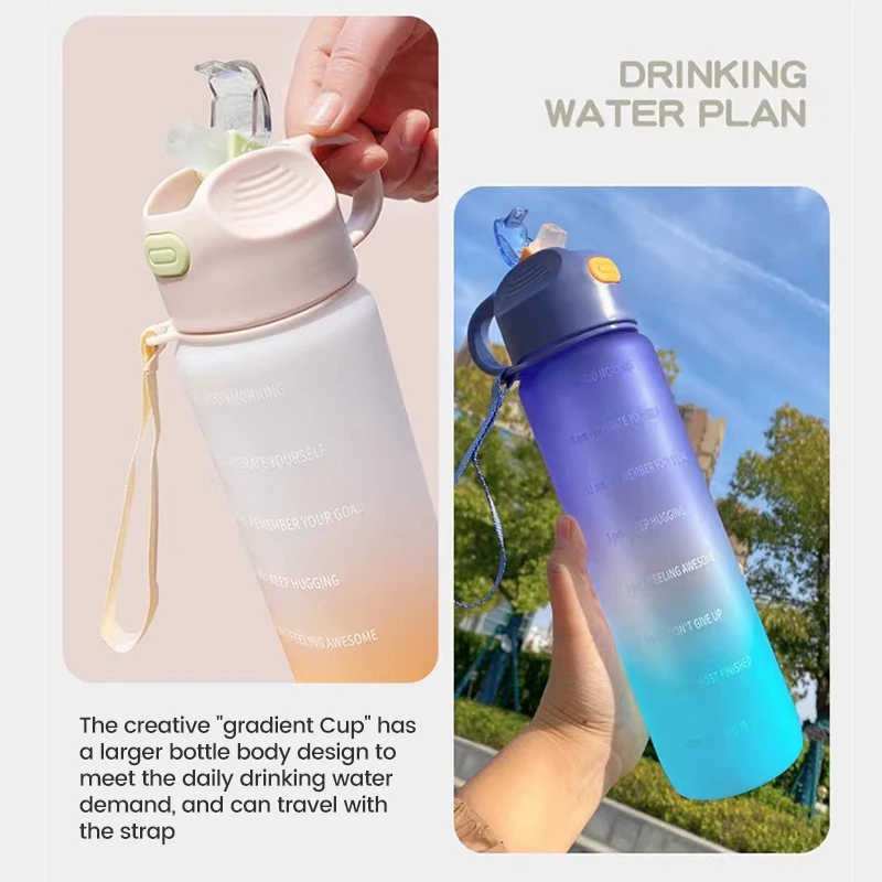 1000ml Water Bottle with Straw Large Capacity Cup Portable Plastic Water Cup Multi Color Camping Outdoor Sports Kettle Bottle