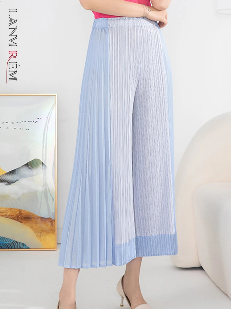 

LANMREM Pleated Casual Wide Leg Pants For Women's Designer Patchwork Contrast Color Fashion Trousers 2023 Summer New 2YA2491