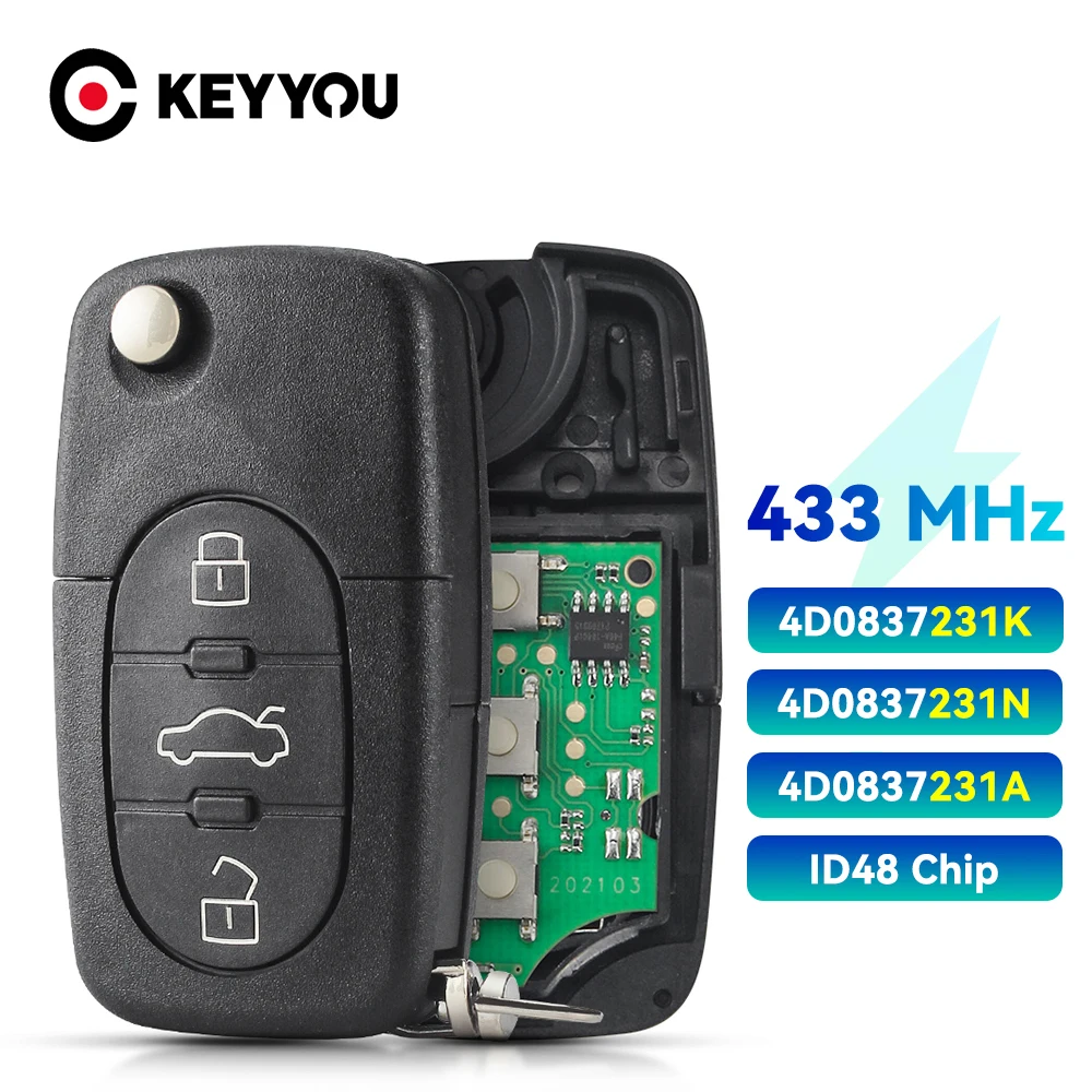 

KEYYOU 4D0837231A 4D0837231K 4D0837231N Remote Car Key For Audi A3 A4 A6 A8 TT RS4 Quattro 433Mhz ID48 Chip With Battery Key