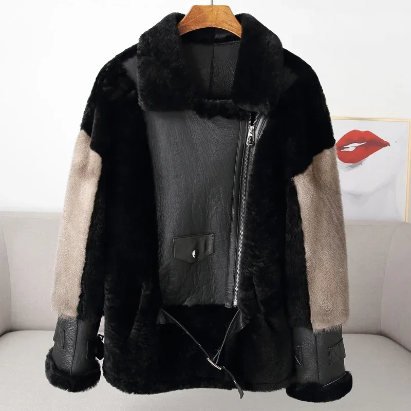 Sheepskin Coat For Women Winter Merino Fur Real Sheep Fur Jacket With Real Mink Fur Sleeve Motorcyle Female Winter Clothings