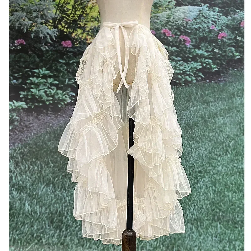 Double Layered Lolita Waist Curtain Sheer Cover Up High Low Skirt w. Asymmetrical Ruffles 3