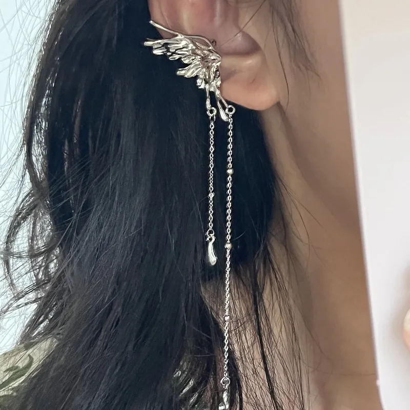Angel Wings Liquid Metal Butterfly Tassel Ear Cuff Non Piercing Earrings Trendy Punk Design Female Long Ear Clip Jewelry ear clip earrings,clip earrings,ear clip