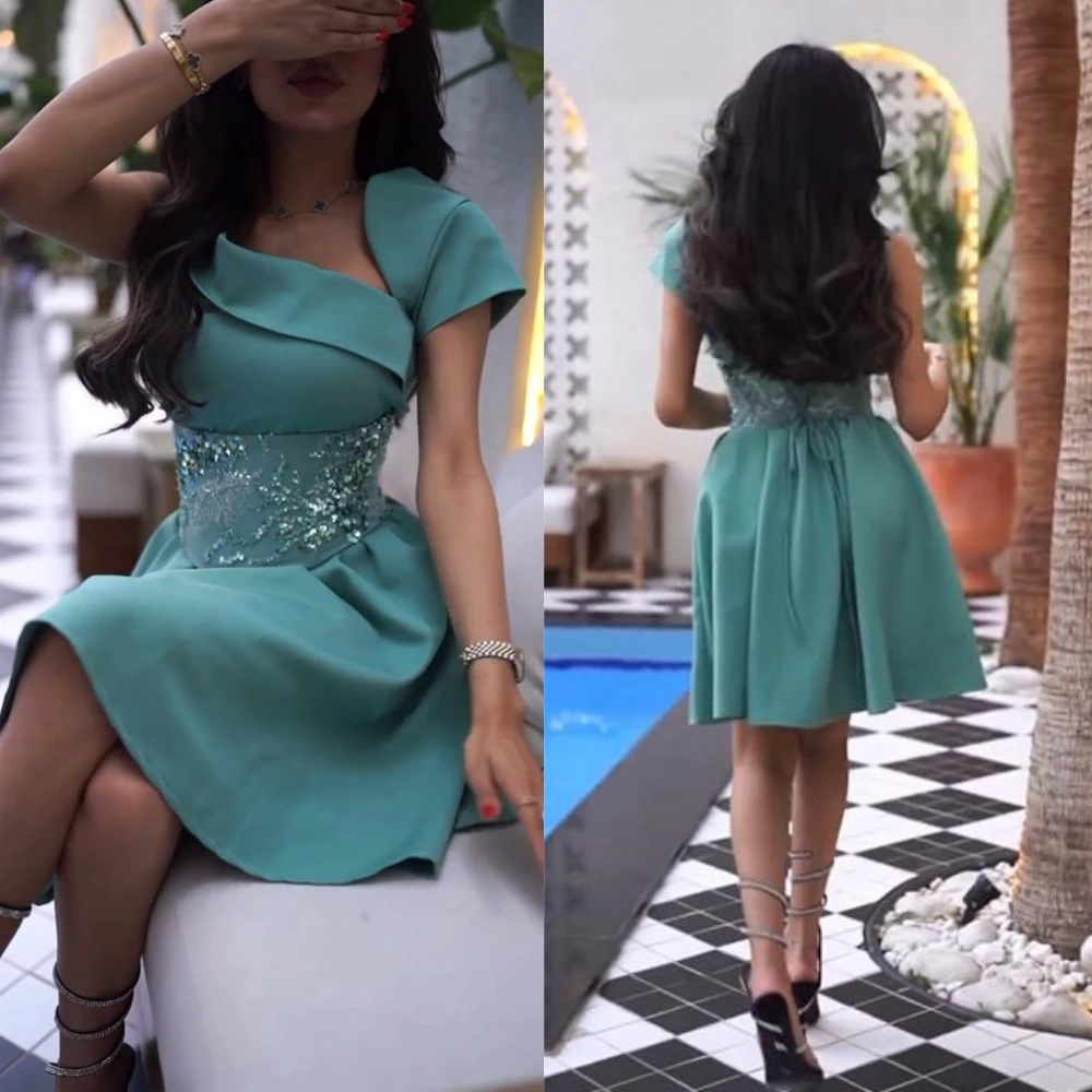 Jiayigong  Satin Beading Sequined Cocktail Party A-line One-shoulder Bespoke Occasion  Knee Length