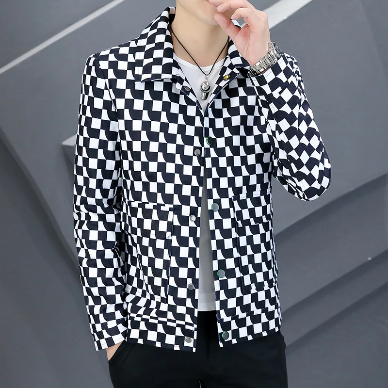 

2022 Autumn Lapel Plaid Jackets Men Slim All-match Business Casual Bomber Jacket Men Social Streetwear Windbreaker Men Clothing