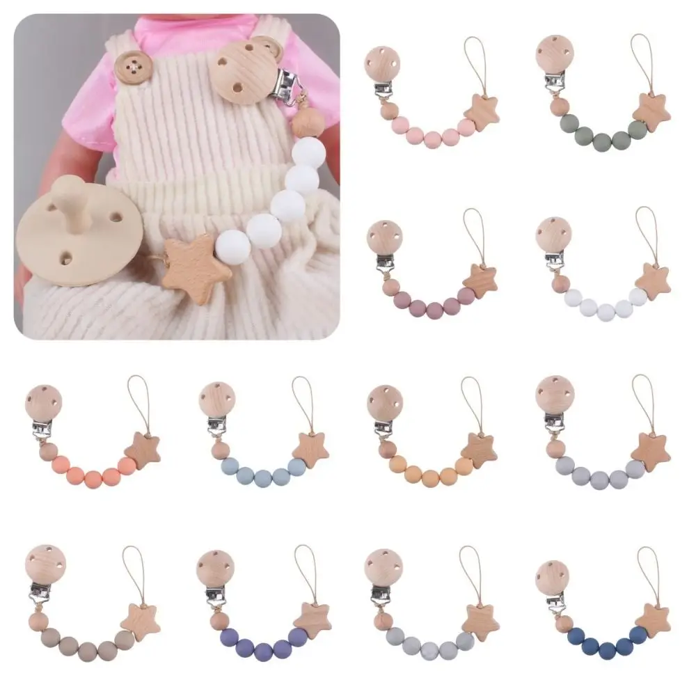 Dummy Clips Pacifier Holder Clips Star Soother Holder Baby Pacifier Chain Wood Nipple Holder Clips Baby Teether Toys Straps