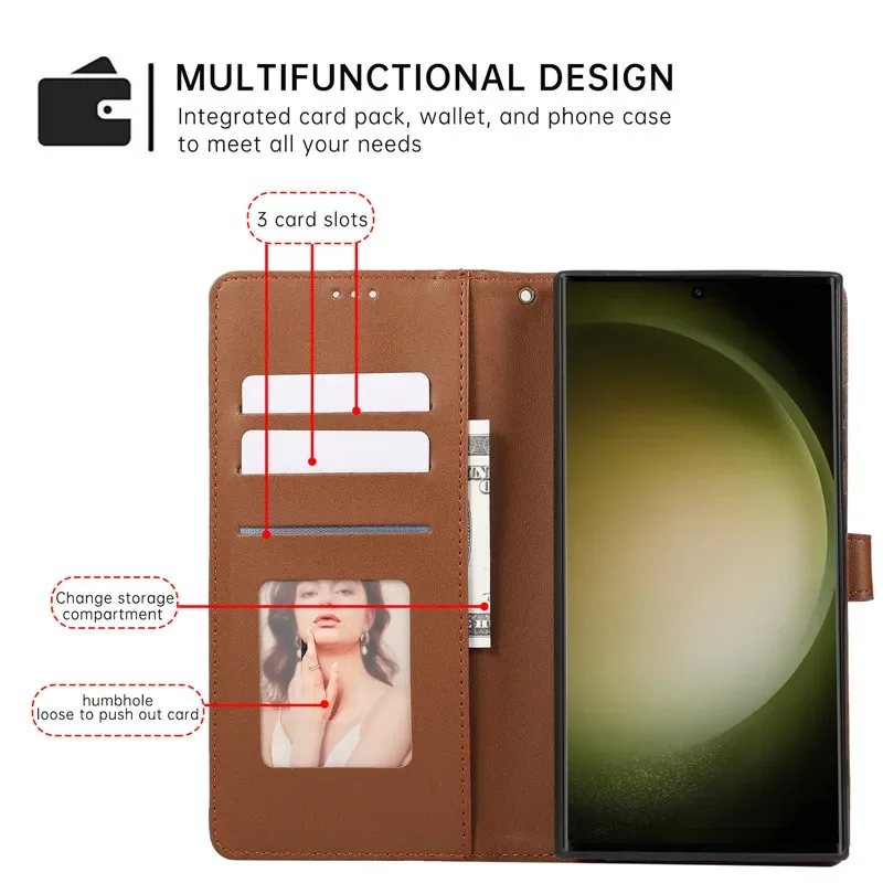 Luxury Leather Wallet Card Phone Case for Samsung Galaxy S24 Ultra S23 Plus S22 S21 S20 FE S10 Note 20 10 Flip Stand Cover Etui